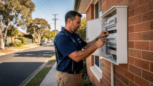 Licensed electrician in Miranda installing modern switchboard on brick residential home with quality workmanship and professional service.